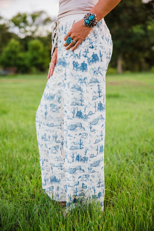 The Sutton's | Blue Western Print Wide Leg Pants
