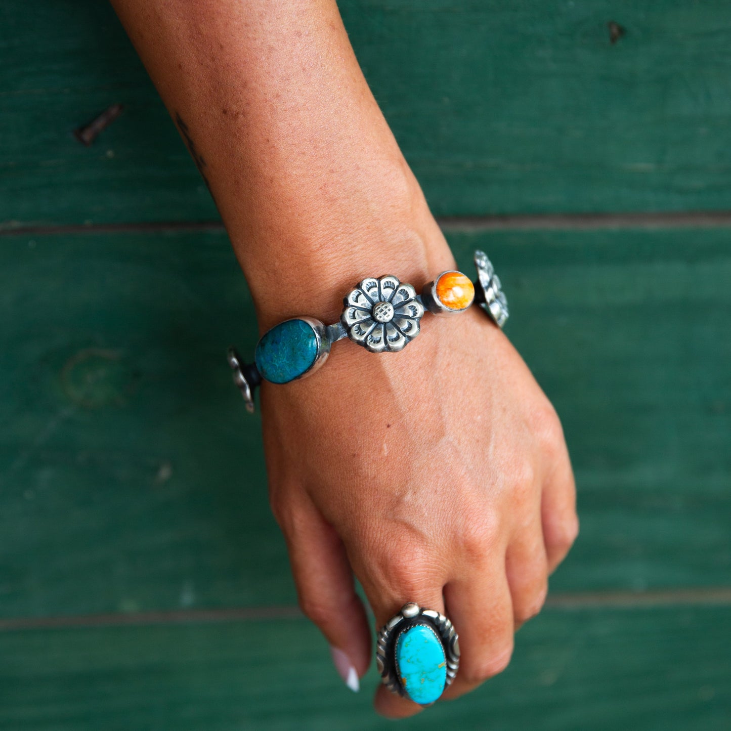 The Santiago | Turquoise and Orange Spiny Flower Bangle by Chimney Butte