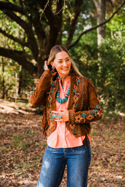 The Shasta | Brown Suede Fringe Jacket with Embroidery and Beaded Trim