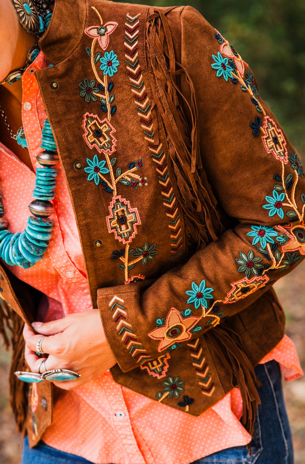 The Shasta | Brown Suede Fringe Jacket with Embroidery and Beaded Trim