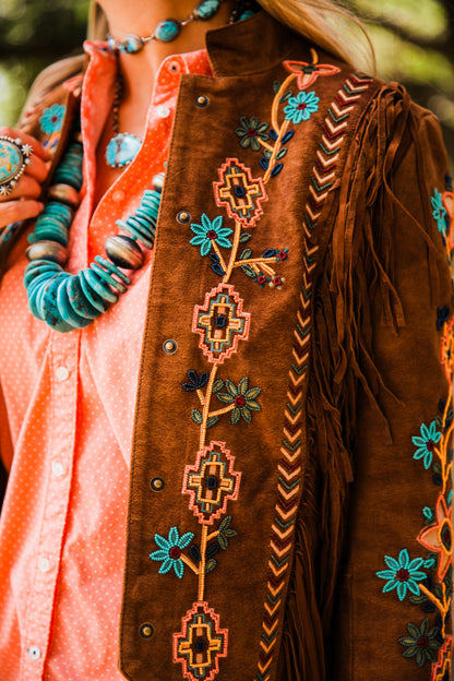 The Shasta | Brown Suede Fringe Jacket with Embroidery and Beaded Trim
