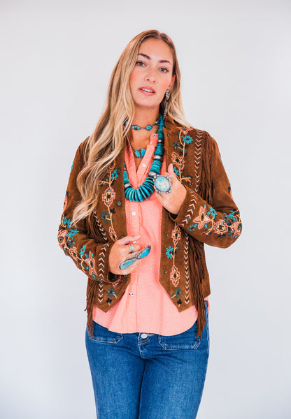 The Shasta | Brown Suede Fringe Jacket with Embroidery and Beaded Trim