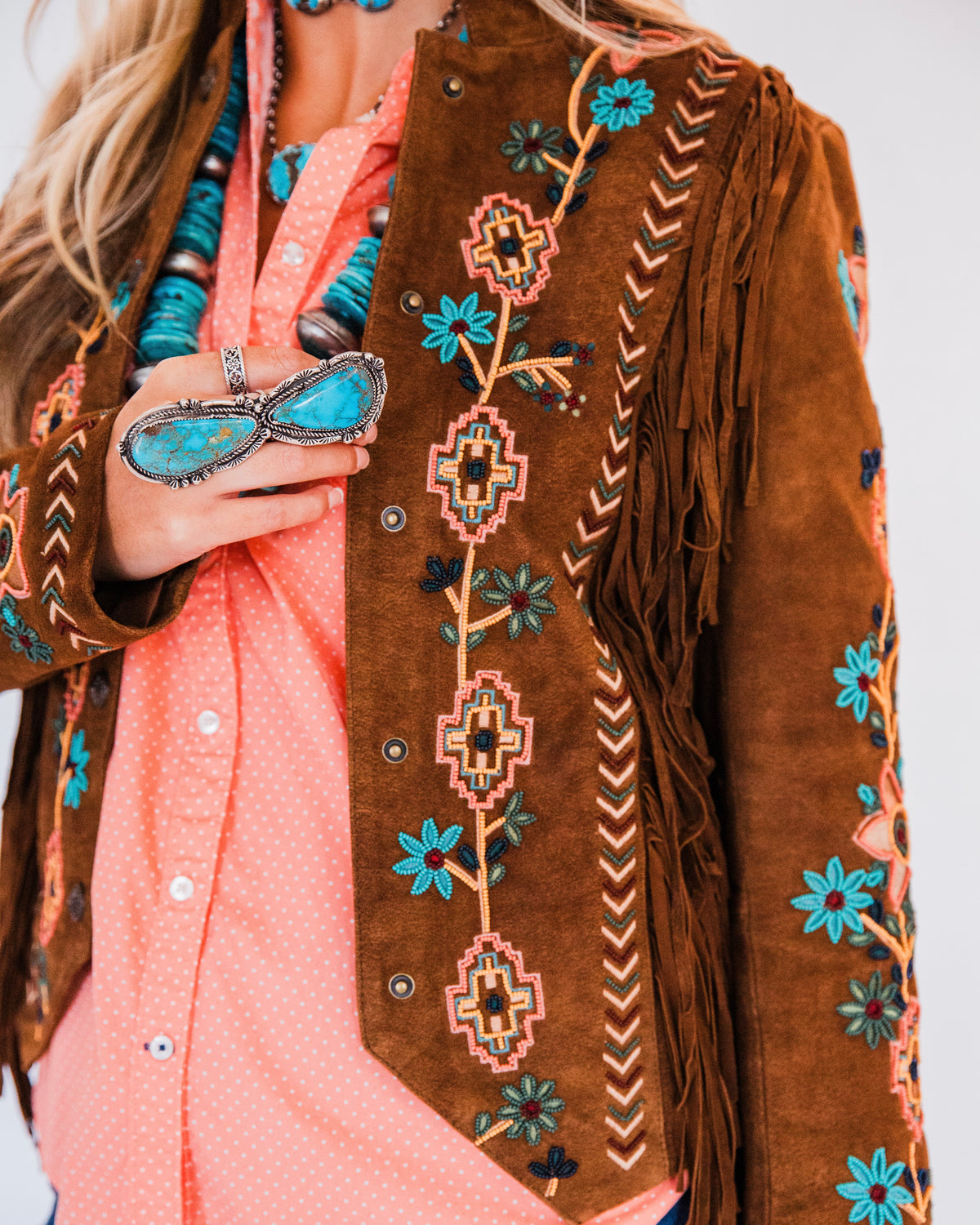 The Shasta | Brown Suede Fringe Jacket with Embroidery and Beaded Trim