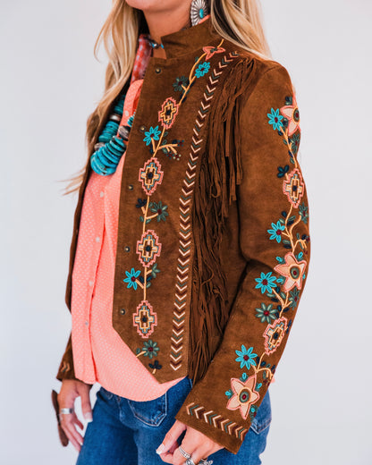 The Shasta | Brown Suede Fringe Jacket with Embroidery and Beaded Trim
