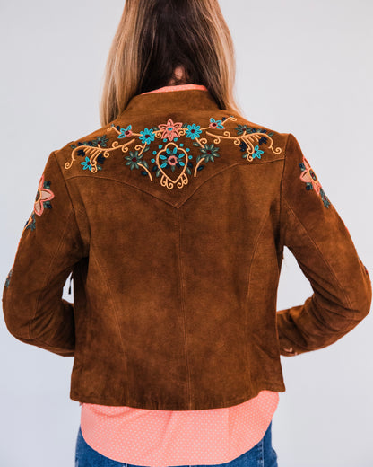 The Shasta | Brown Suede Fringe Jacket with Embroidery and Beaded Trim