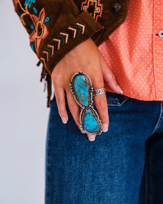The Chavez | Vintage 2 Stone Blue Pilot Mountain Turquoise Ring Size 8.5