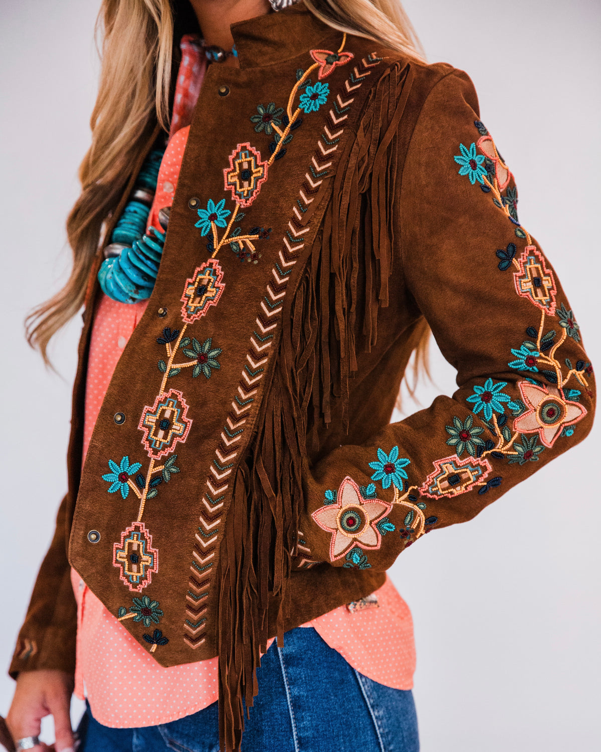 The Shasta | Brown Suede Fringe Jacket with Embroidery and Beaded Trim