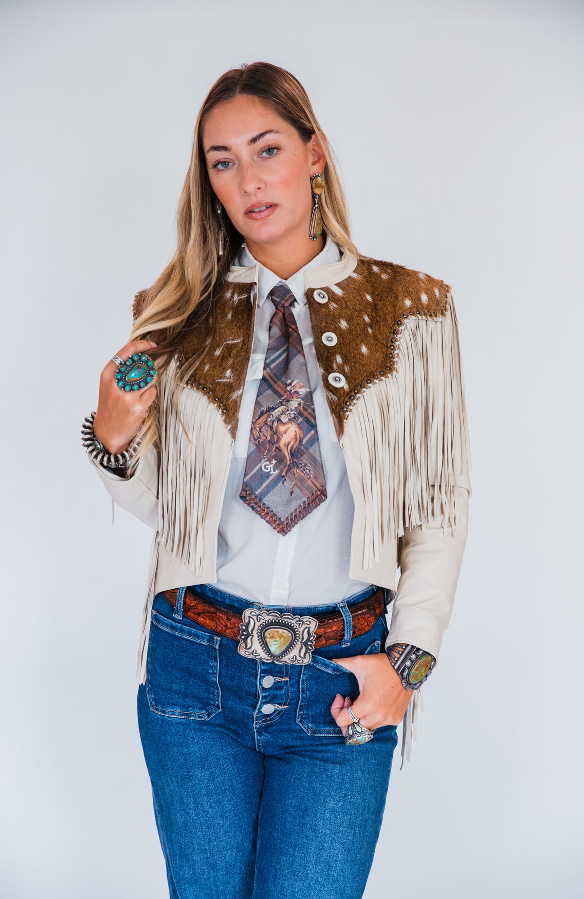 The Pomona | Axis Deer & Cream Leather Fringe Jacket