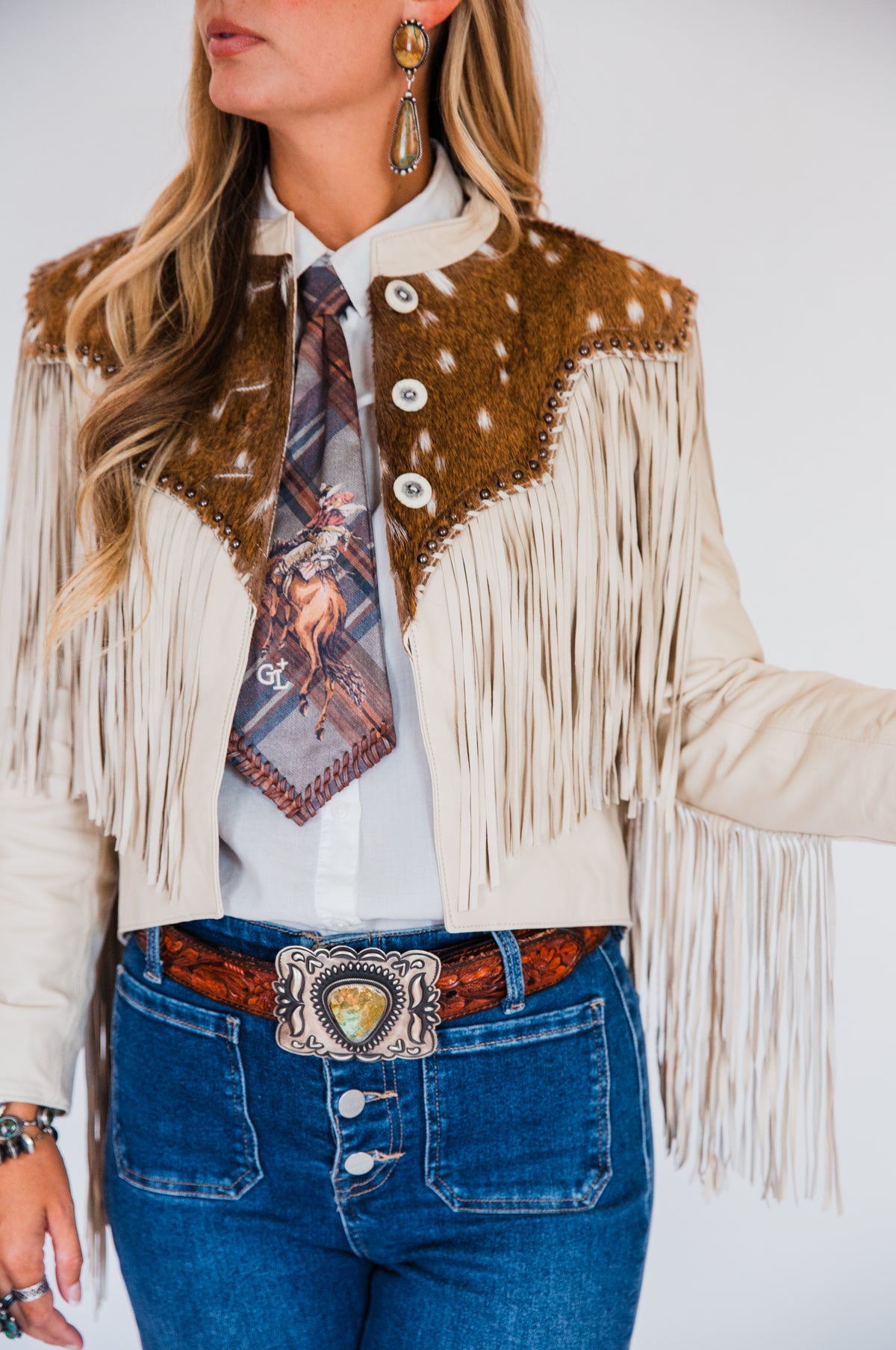 The Pomona | Axis Deer & Cream Leather Fringe Jacket