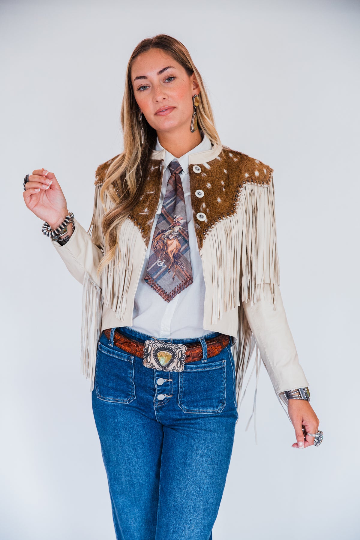 The Pomona | Axis Deer & Cream Leather Fringe Jacket