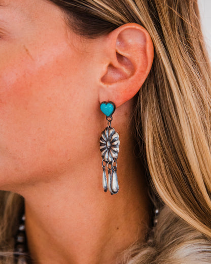 The Mendota’s | Turquoise Heart And Concho Dangle Earrings by L. Yazzie
