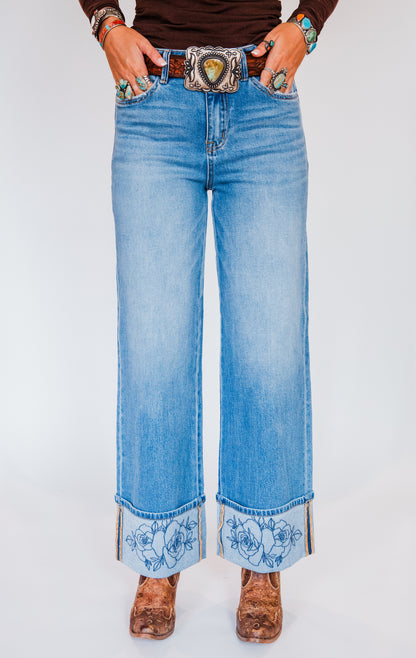 The Rowdy Rose's | Cuffed Wide Leg Rose Embroidered Jeans