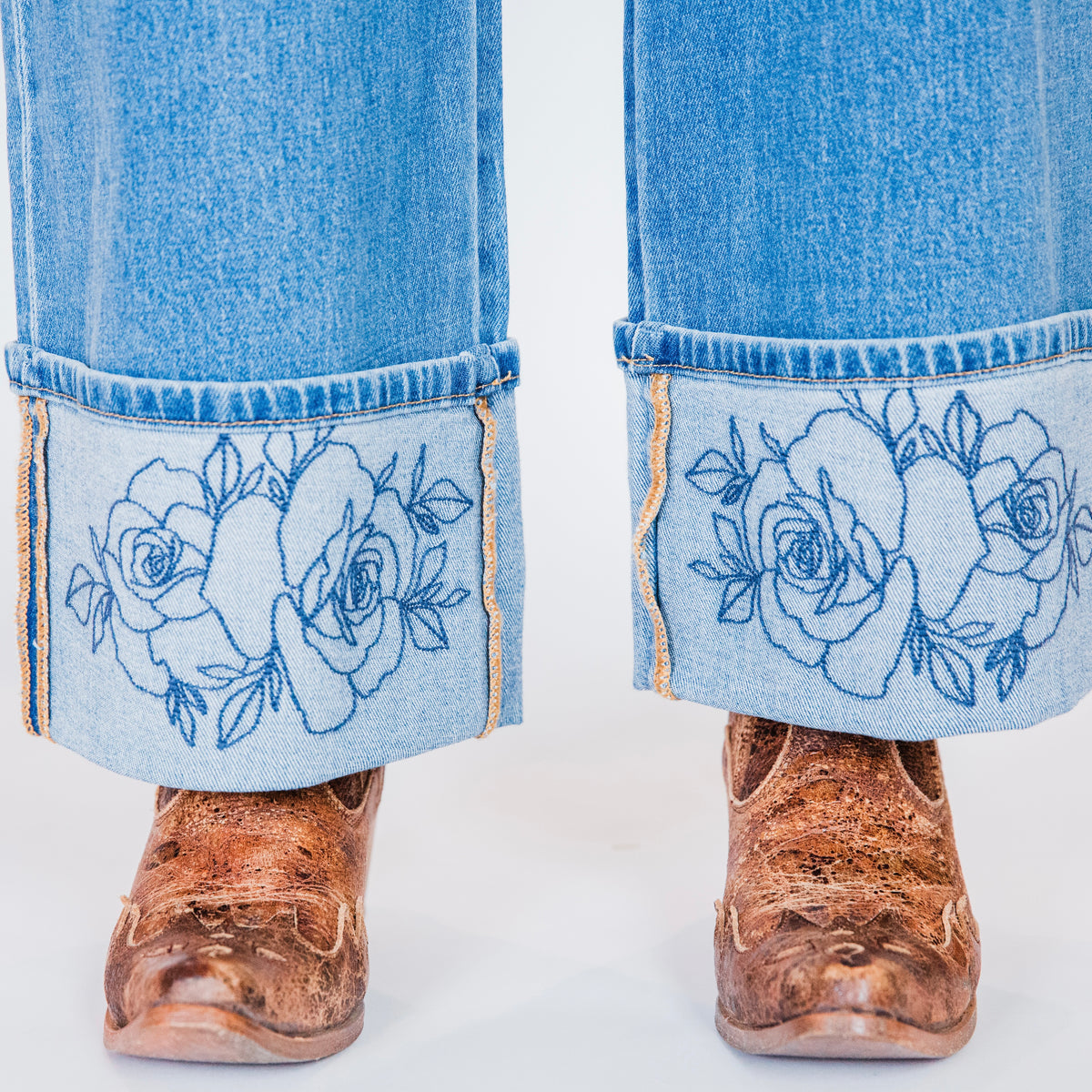 The Rowdy Rose's | Cuffed Wide Leg Rose Embroidered Jeans