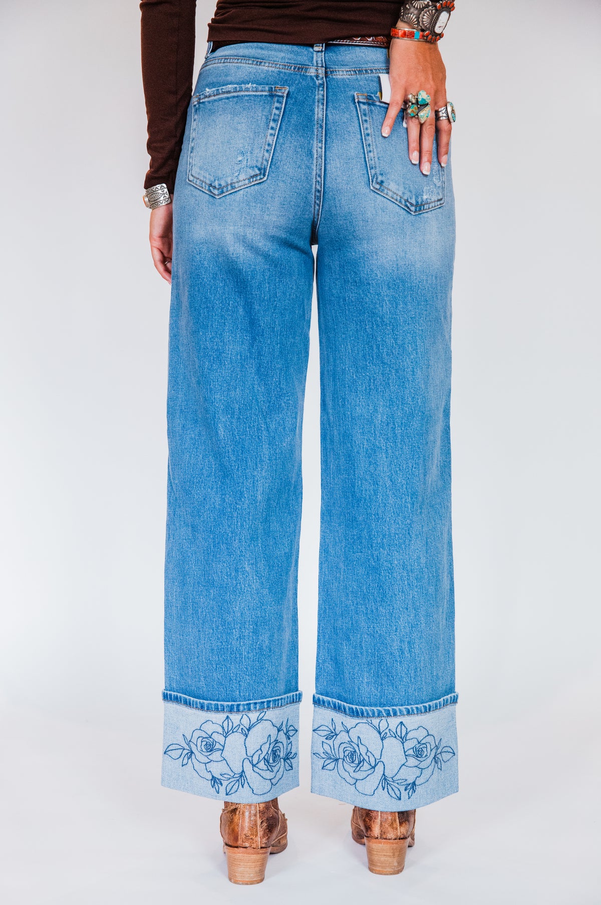 The Rowdy Rose's | Cuffed Wide Leg Rose Embroidered Jeans