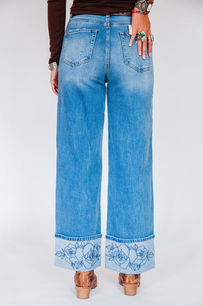 The Rowdy Rose's | Cuffed Wide Leg Rose Embroidered Jeans