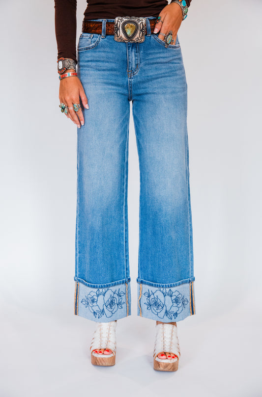 The Rowdy Rose's | Cuffed Wide Leg Rose Embroidered Jeans