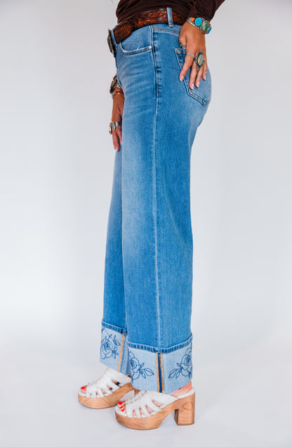 The Rowdy Rose's | Cuffed Wide Leg Rose Embroidered Jeans