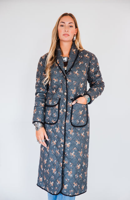 The Pizarro | Cowboy Print Quilted Long Coat by Tasha Polizzi