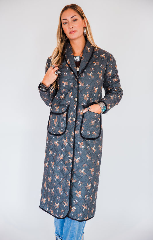The Pizarro | Cowboy Print Quilted Long Coat by Tasha Polizzi
