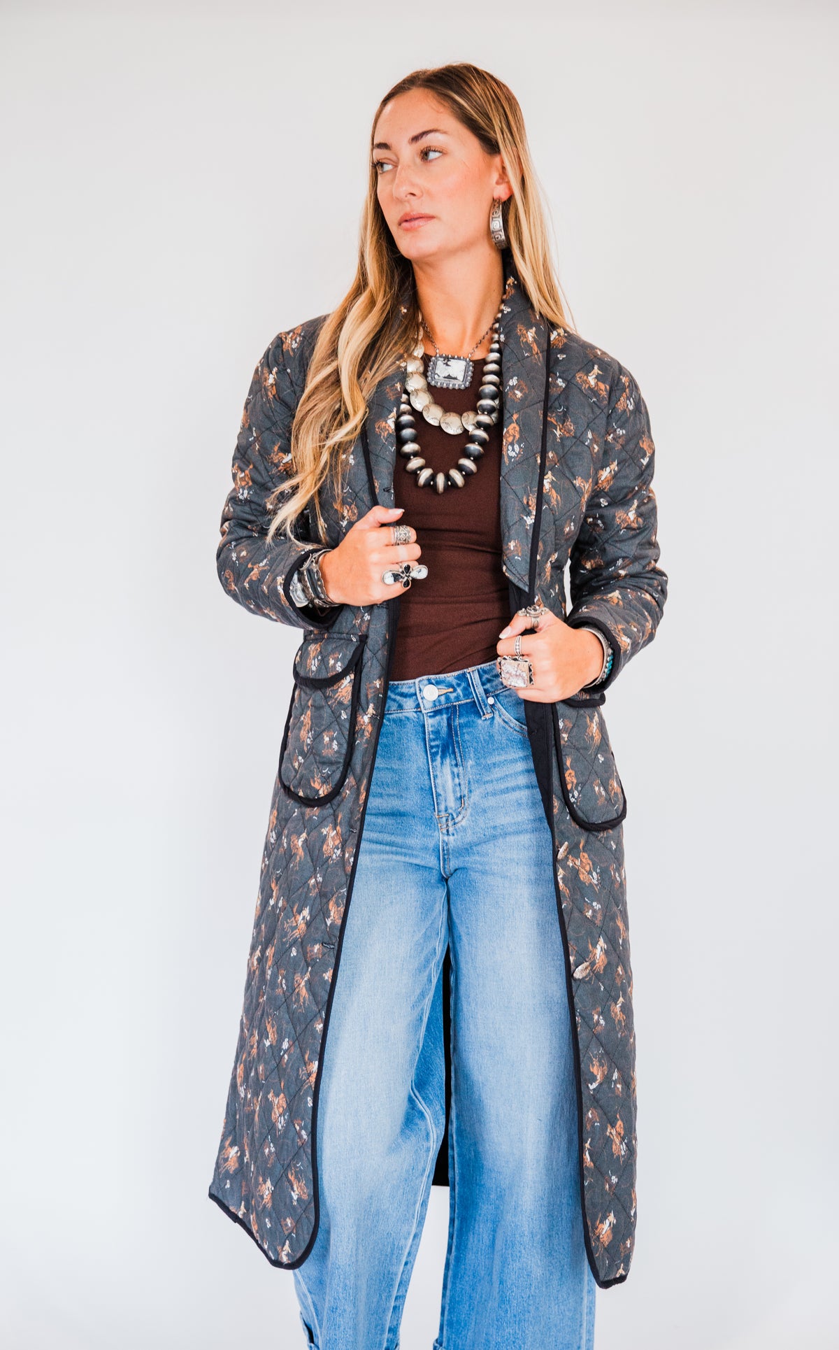 The Pizarro | Cowboy Print Quilted Long Coat by Tasha Polizzi