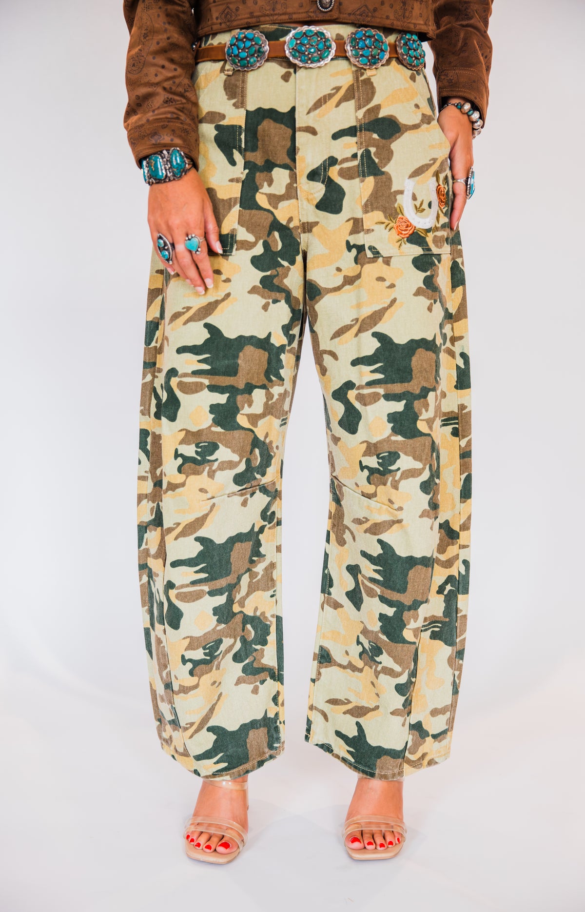 The Yoakum's | Camouflage Embroidered Barrel Leg Jeans