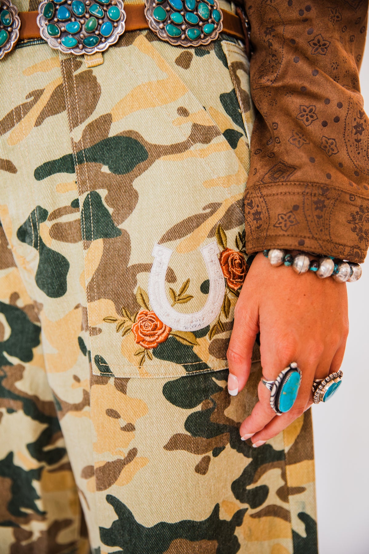 The Yoakum's | Camouflage Embroidered Barrel Leg Jeans