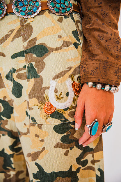 The Yoakum's | Camouflage Embroidered Barrel Leg Jeans
