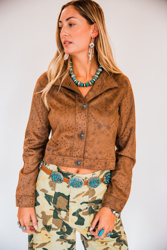 The Doxie | Cognac Faux Suede Paisley Jacket