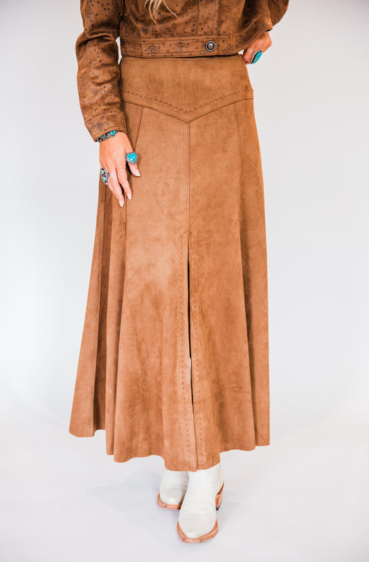 The Monaco | Faux Suede Cognac Maxi Skirt