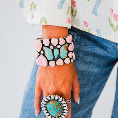 The Laguna | Pink Conch Heart and Turquoise Butterfly Cuff by Russell Sam