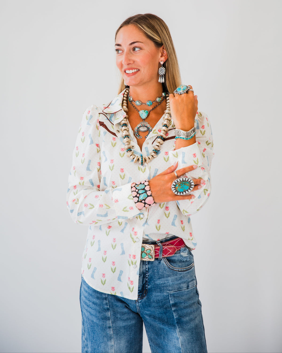 The Roselyn | Cowgirl boot and Floral Pearl Snap Long Sleeve Top