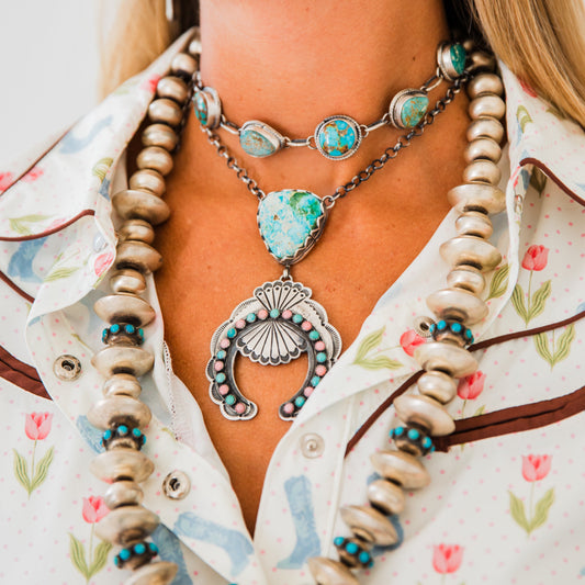 The Elva | Turquoise and Pink Conch Naja Necklace by Charles Johnson