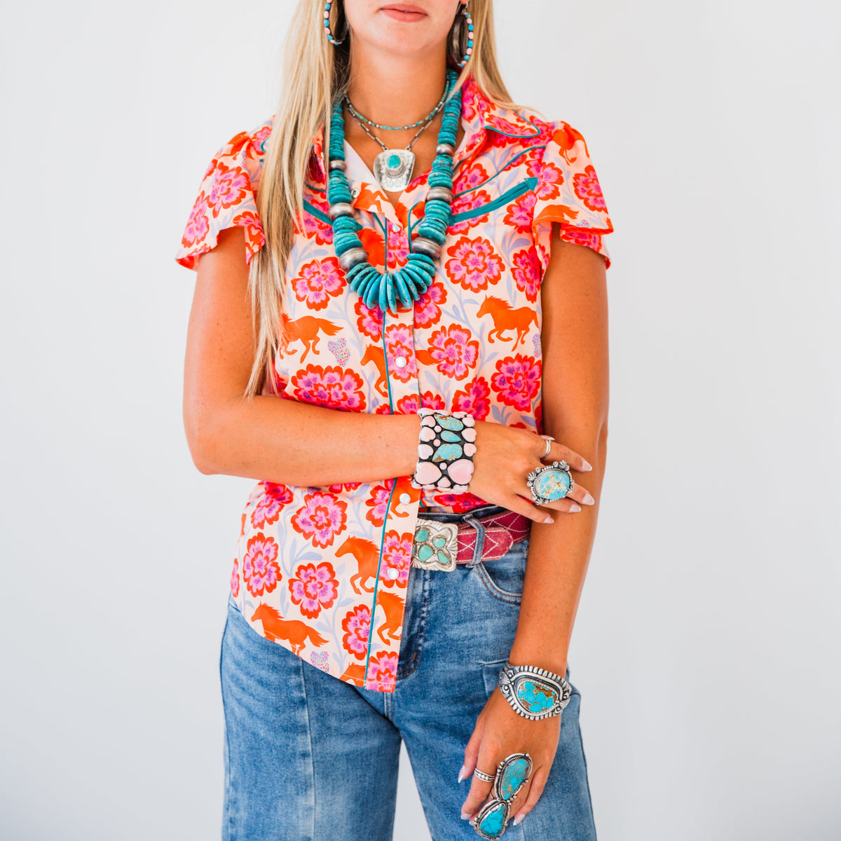 The Meadow | Pink Floral & Horse Pearl Snap
