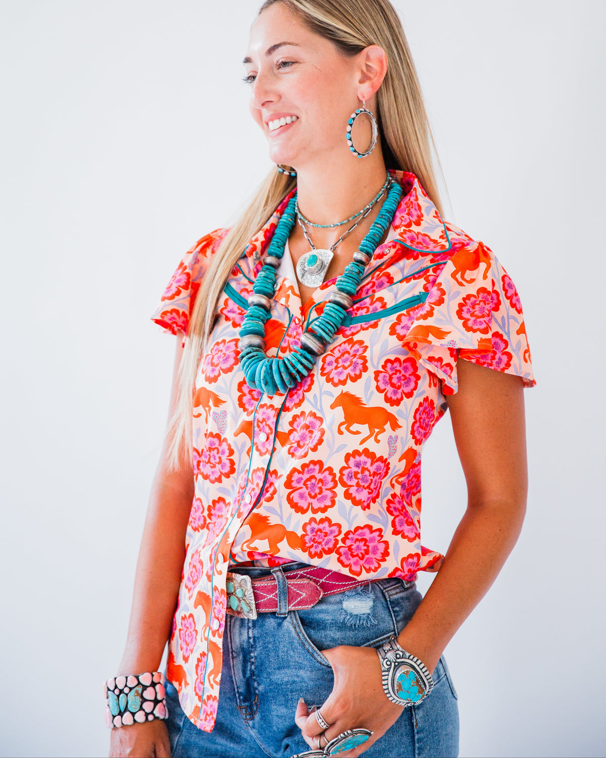 The Meadow | Pink Floral & Horse Pearl Snap