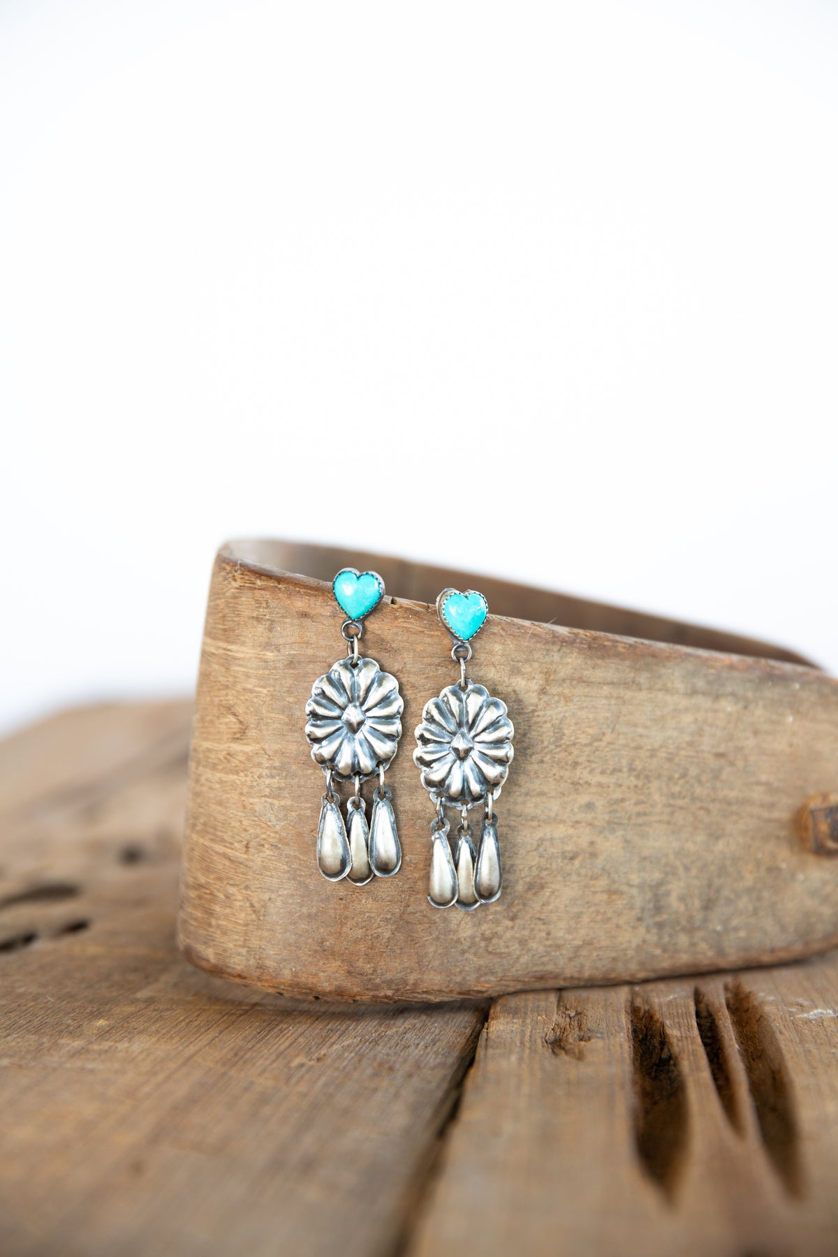 The Mendota’s | Turquoise Heart And Concho Dangle Earrings by L. Yazzie
