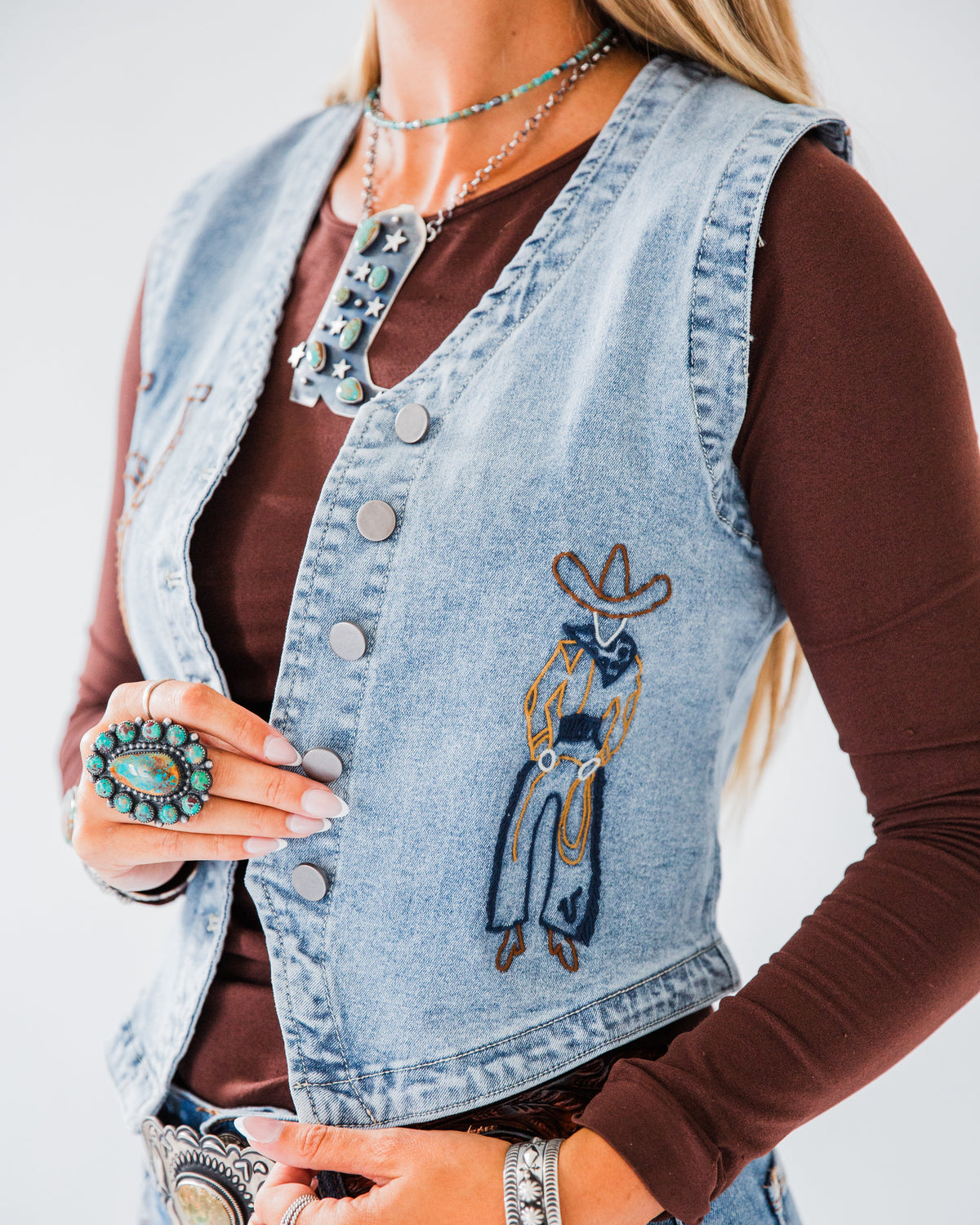 The Saige | Embroidered Horseshoe and Cowboy Denim Vest