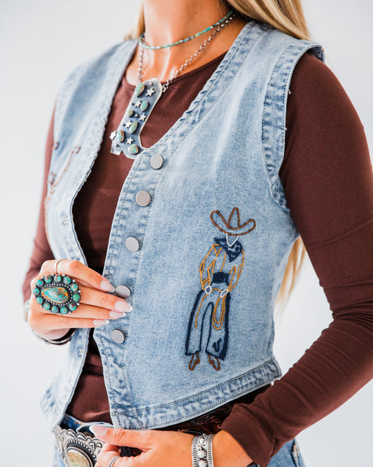 The Saige | Embroidered Horseshoe and Cowboy Denim Vest