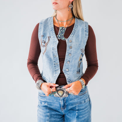 The Saige | Embroidered Horseshoe and Cowboy Denim Vest