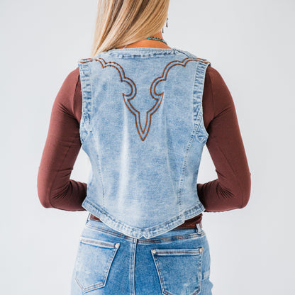 The Saige | Embroidered Horseshoe and Cowboy Denim Vest