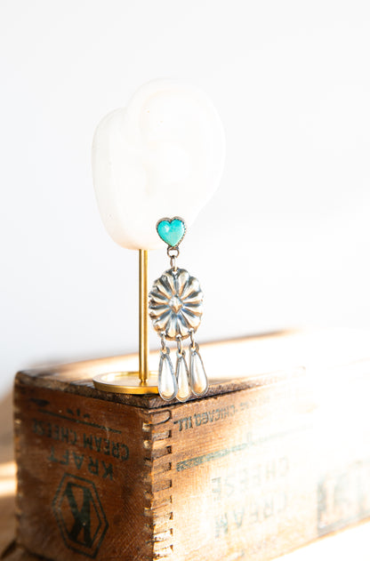 The Mendota’s | Turquoise Heart And Concho Dangle Earrings by L. Yazzie