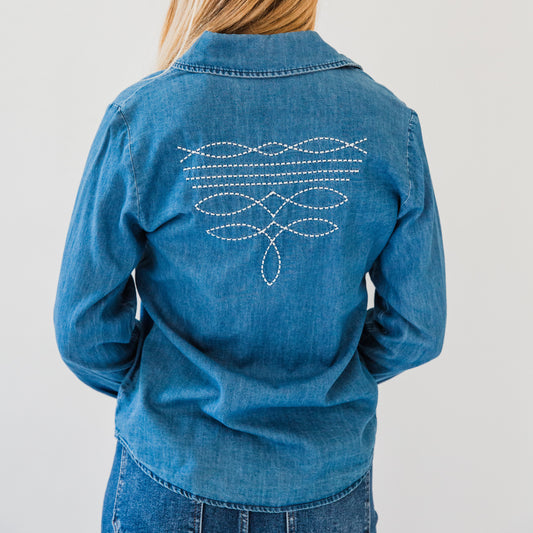 The Bota | Boot Stitch Embroidered Pearl Snap Long Sleeve Top