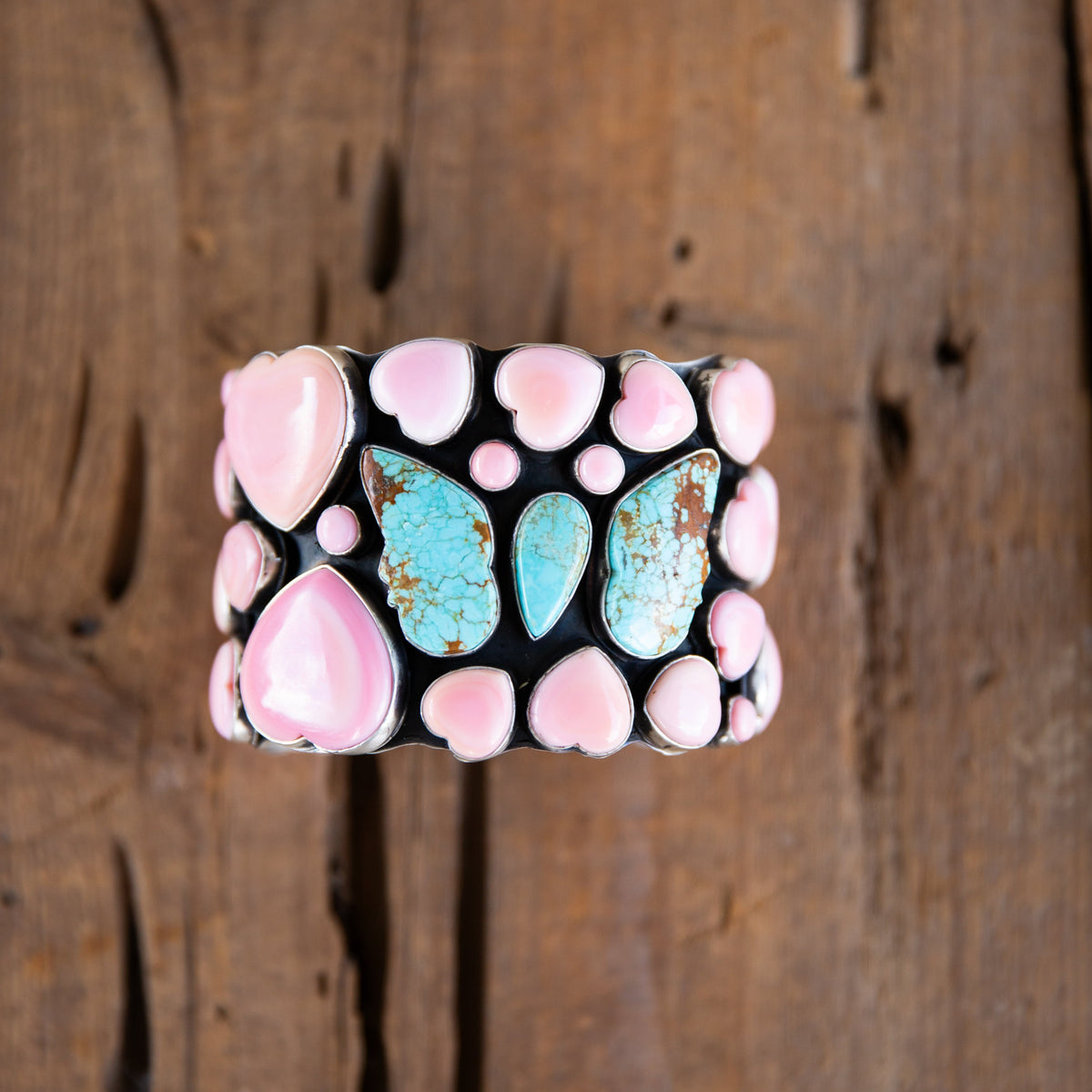 The Laguna | Pink Conch Heart and Turquoise Butterfly Cuff by Russell Sam