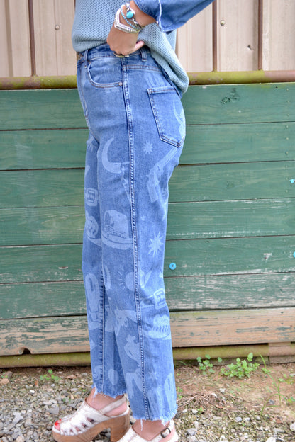 Western print straight leg jean