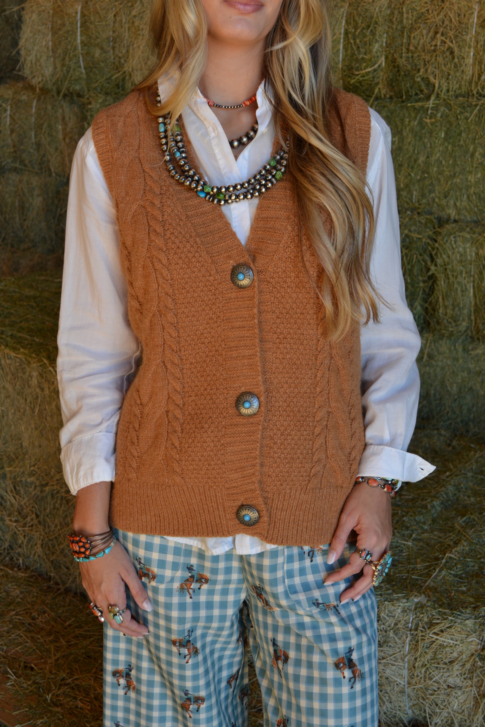 western sleeveless sweater vest with turquoise concho buttons