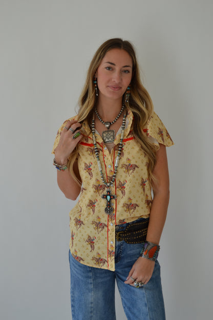 The Della | Yellow Floral Horse Pearl Snap