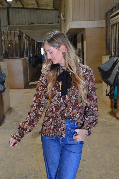 western paisley print long sleeve blouse with neck tie