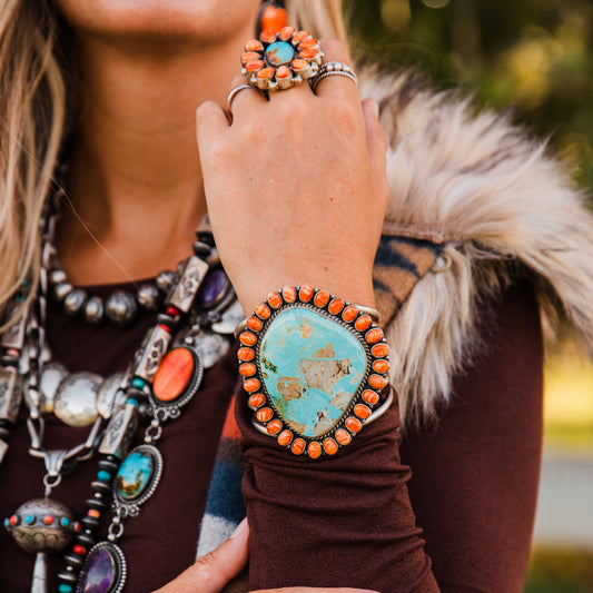 The Oxford | Orange Spiny & Royston Turquoise Statement Cuff