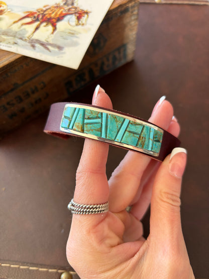 The Scottsdale | Turquoise & Leather Inlay Bracelet by Edison Yazzie