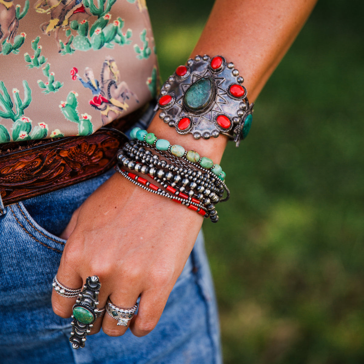 The Dunway | Chunky Coral, Sonoran Turquoise, & Sterling Pearl All in One Bracelet