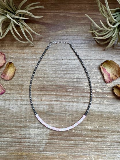 15-Inch Pink Conch Heishi Necklace – Sterling Silver Pearls, Handmade